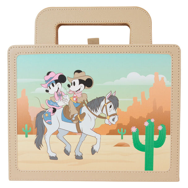 Carnet Loungefly Disney Mickey & Minnie Western fermé, vue de face avec design coloré en simili cuir vegan