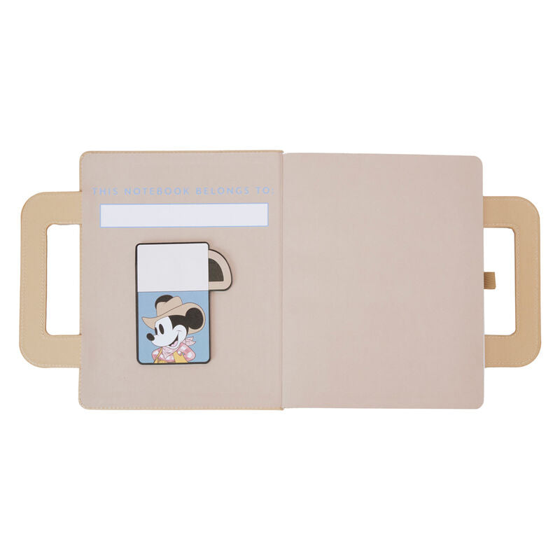 Carnet ouvert montrant les pages intérieures blanches et les notes autocollantes incluses