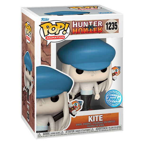 Figurine Funko POP Kite de Hunter X Hunter, vue de face dans sa boîte cadeau avec fenêtre transparente