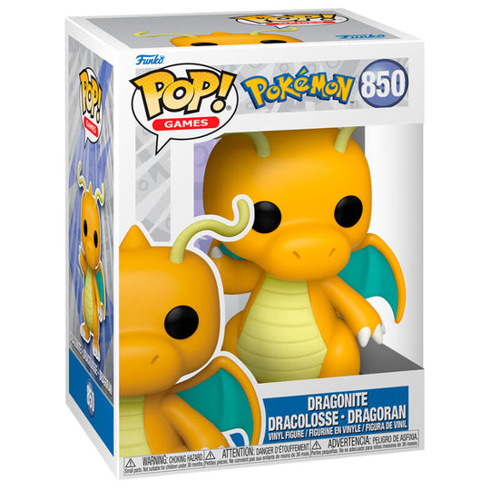 Packaging de la figurine Funko POP Dragonite, boîte collector avec illustration du Pokémon emblématique