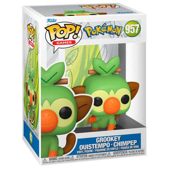 Vue rapprochée de la figurine Funko POP Pokémon Grookey, montrant les détails colorés et la qualité du vinyle
