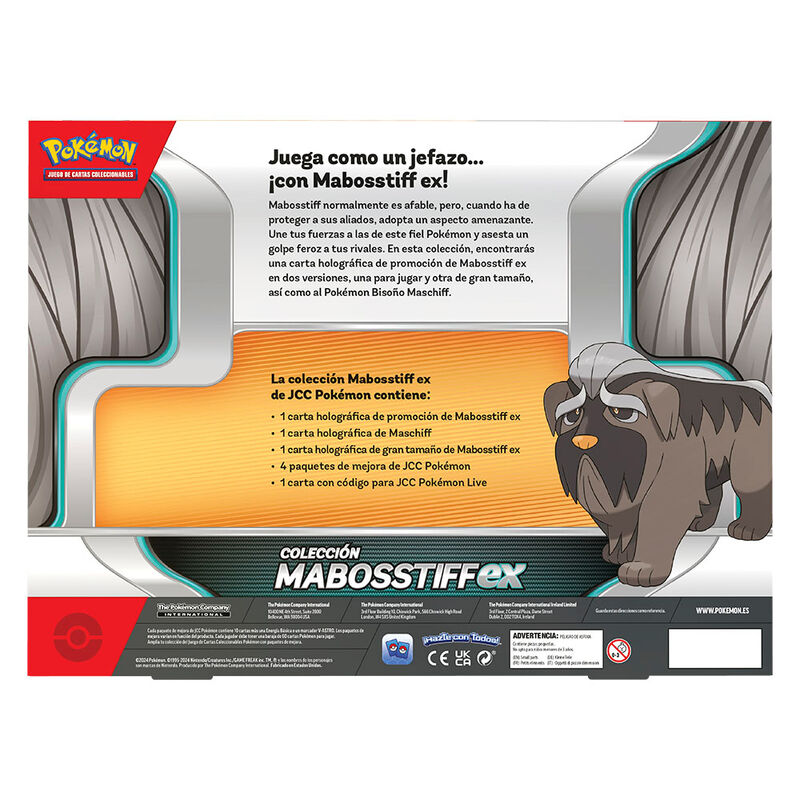 Vue rapprochée des cartes Pokémon Mabosstiff incluses dans la boîte de jeu espagnole