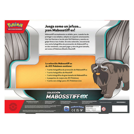 Vue rapprochée des cartes Pokémon Mabosstiff incluses dans la boîte de jeu espagnole