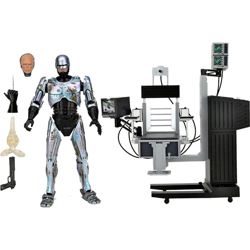 Figurine NECA Robocop Battle Damaged de 18cm en position dynamique avec accessoires inclus