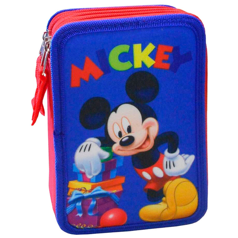 Plumier Disney Mickey triple compartiment PERONA avec stylos, crayons, gomme, taille-crayon, règle, ciseaux, crayons et feutres de couleur.
