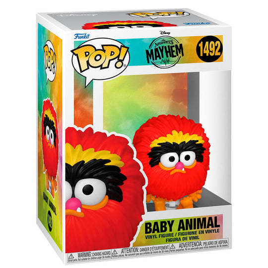 Figurine Funko POP Baby Animal de The Muppets Mayhem en vinyle, vue de face dans sa boîte cadeau transparente