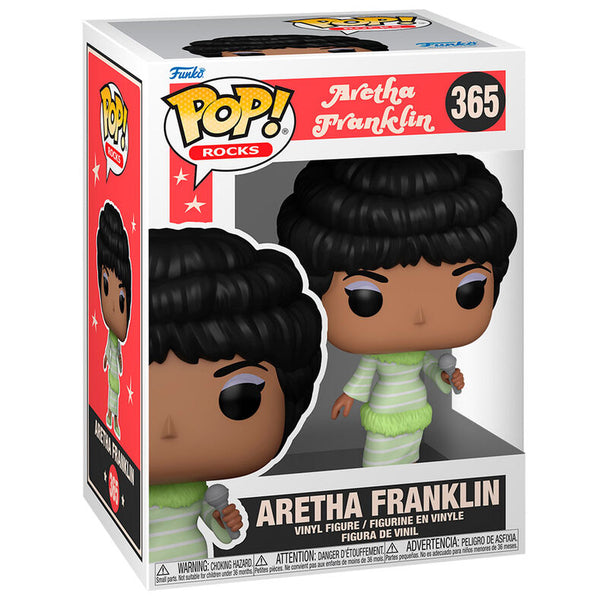 Détail rapproché de la figurine Funko POP représentant Aretha Franklin avec ses vêtements caractéristiques