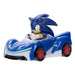 Détail de la figurine Sonic the Hedgehog en position dynamique sur son véhicule