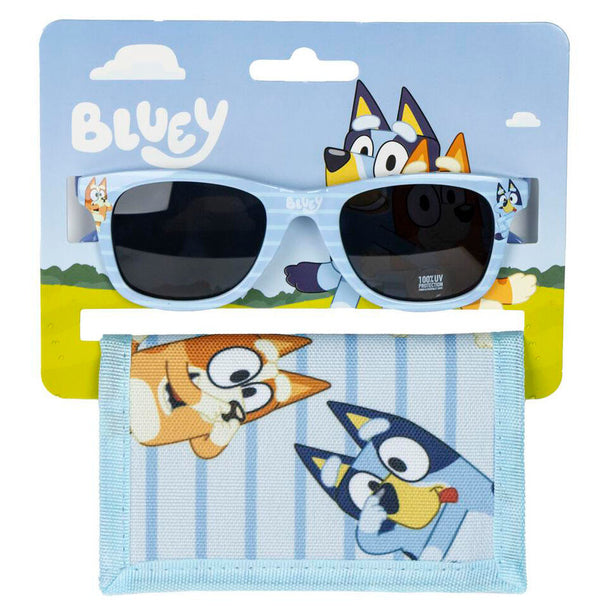 Set Bluey CERDÁ comprenant des lunettes de soleil colorées et un portefeuille assorti pour enfant, sur fond blanc.