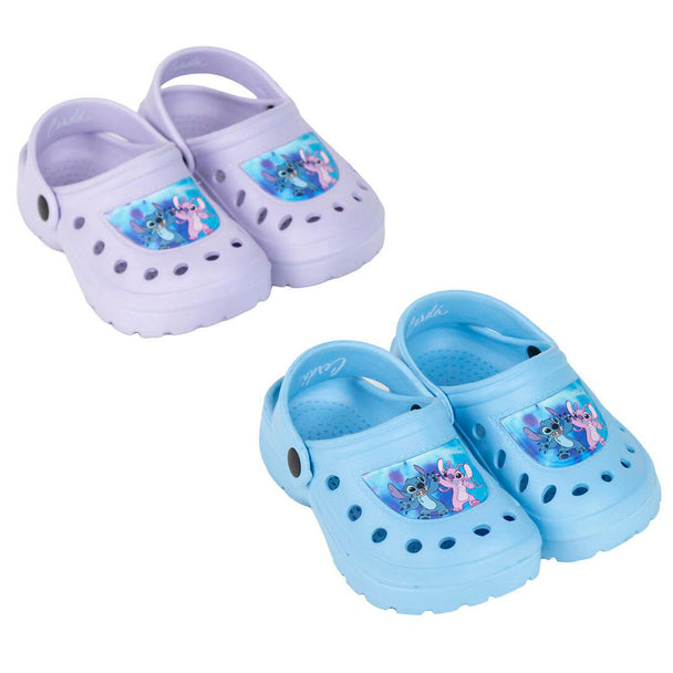 Vue avant des clogs Disney Stitch CERDÁ pour enfants en taille assortie, coloris bleu avec motif Stitch