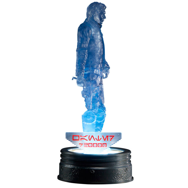Profil latéral de la figurine Han Solo Holocomm articulée, mettant en valeur les détails du costume