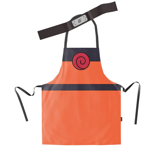 Tablier Naruto Shippuden aux couleurs du Village de la Feuille avec bandeau assorti affiché sur fond blanc.