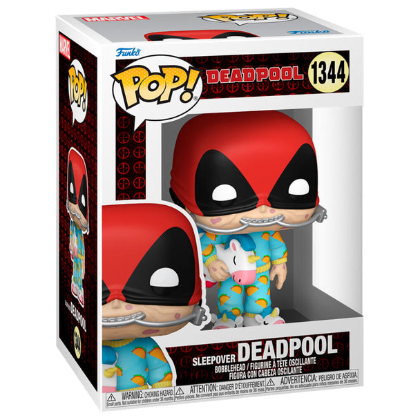 Vue rapprochée de la figurine Deadpool Sleepover Funko POP montrant les détails colorés et le packaging