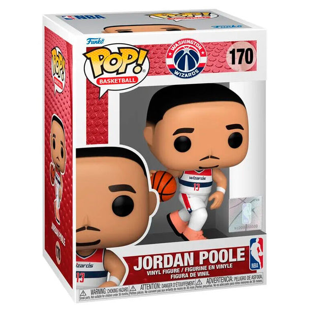 Vue rapprochée de la figurine Funko POP Jordan Poole avec détails précis et couleurs vives des Washington Wizards