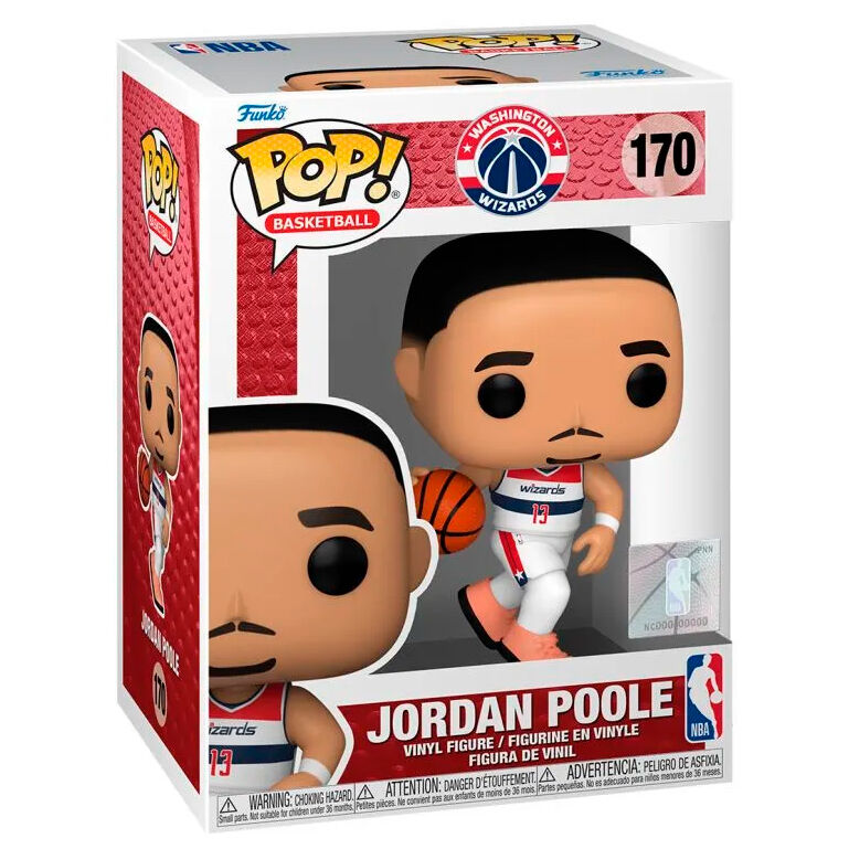 Vue rapprochée de la figurine Funko POP Jordan Poole avec détails précis et couleurs vives des Washington Wizards