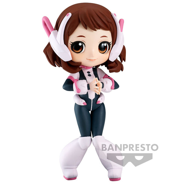 Figurine Ochaco Uraraka Q Posket 13cm vue de face avec détails colorés et expression souriante