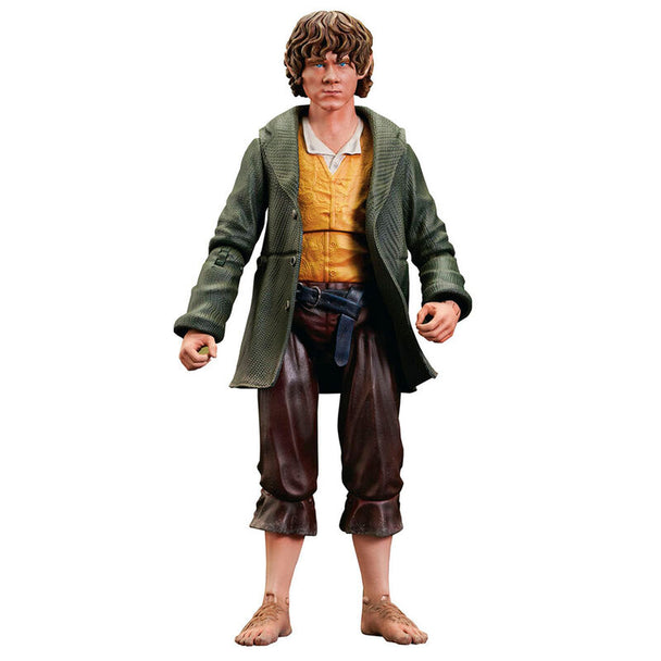 Figurine articulée Merry Deluxe de 10 cm de The Lord of the Rings par DIAMOND SELECT avec accessoires inclus, vue de face.