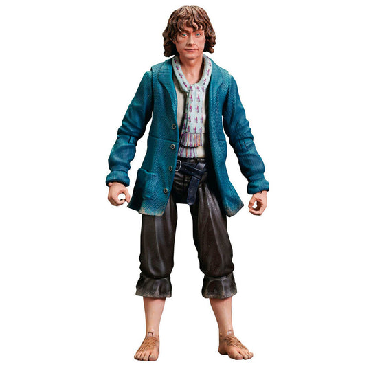 Figurine articulée Pippin Deluxe 10cm de DIAMOND SELECT inspirée du Seigneur des Anneaux, avec accessoires visibles.