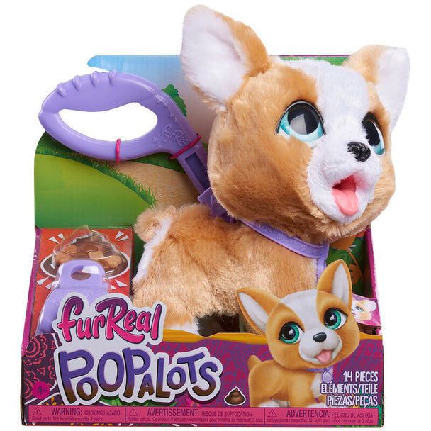 Peluche FurReal Poopalots Corgi vue de face avec ses couleurs noir, blanc et brun clair, prête pour une promenade.