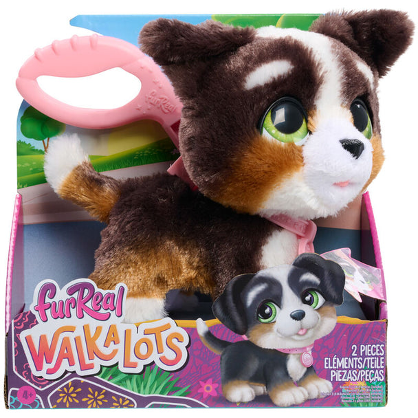 Peluche interactive FurReal Walkalots Bernedoodle vue de face avec sa laisse noire attachée au collier