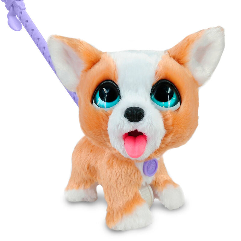 Gros plan sur la tête du Corgi FurReal Poopalots montrant ses yeux expressifs et sa tête qui bouge.