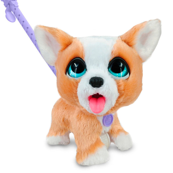 Gros plan sur la tête du Corgi FurReal Poopalots montrant ses yeux expressifs et sa tête qui bouge.
