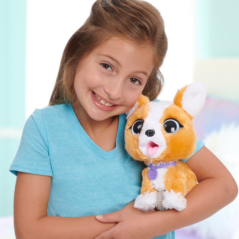 Détail des pattes et du corps de la peluche Corgi FurReal Poopalots illustrant son mouvement sautillant.