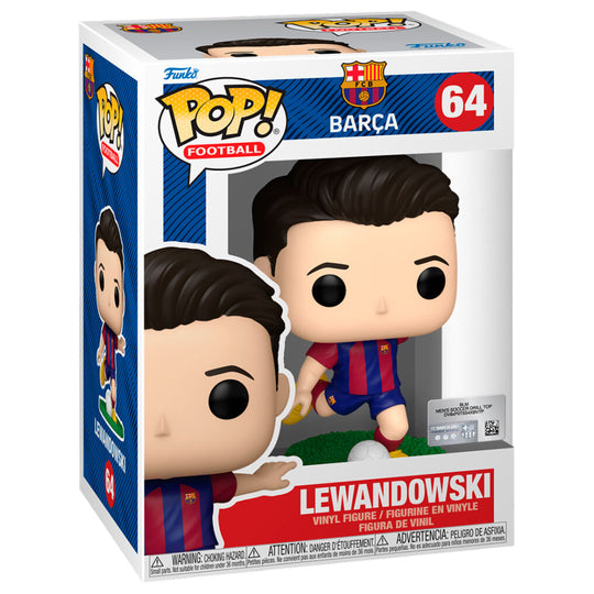 Boîte cadeau de la figurine Funko POP Lewandowski FC Barcelone montrant le packaging officiel et le logo du club
