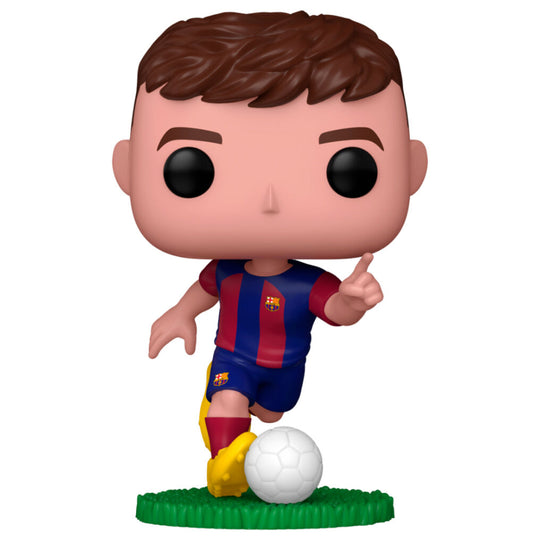 Figurine Funko POP de Pedri en tenue complète du FC Barcelona, avec détails précis et couleurs vives, présentée dans sa boîte cadeau.