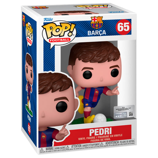 Vue rapprochée de la figurine Funko POP Pedri du FC Barcelona, mettant en valeur le visage stylisé et les détails du maillot bleu et rouge.