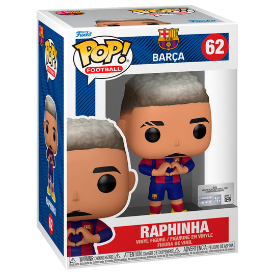 Vue rapprochée de la figurine Funko POP Raphinha du FC Barcelona avec détails soignés et couleurs vives