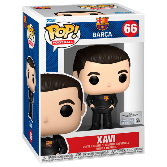 Vue rapprochée de la figurine Funko POP Xavi avec détails précis du maillot du FC Barcelona.