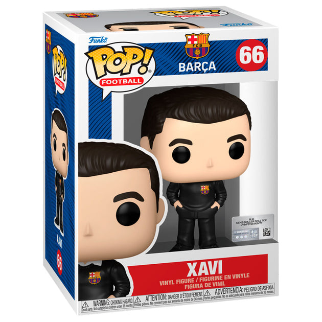 Vue rapprochée de la figurine Funko POP Xavi avec détails précis du maillot du FC Barcelona.