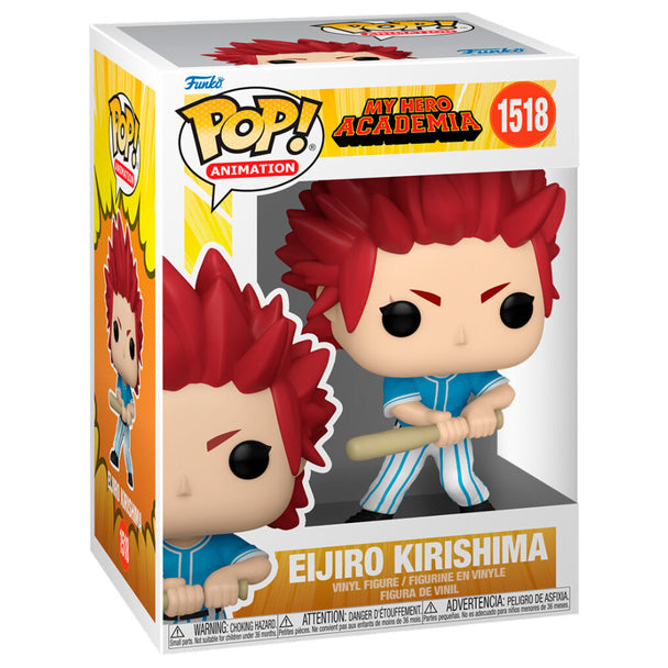 Vue rapprochée de la figurine Funko POP Eijiro Kirishima avec détails du visage et costume rouge vif