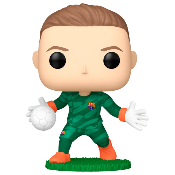Figurine Funko POP en vinyle de Ter Stegen, gardien du FC Barcelona, présentée dans sa boîte cadeau officielle.