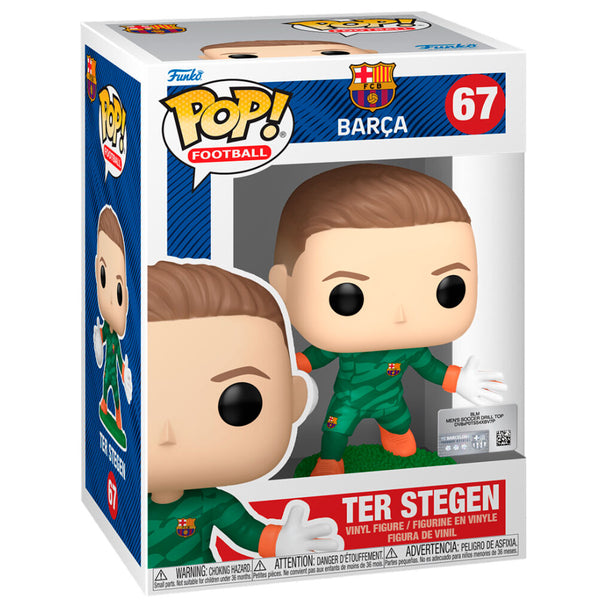 Vue rapprochée de la figurine Funko POP Ter Stegen avec détails précis de l'uniforme du FC Barcelona.