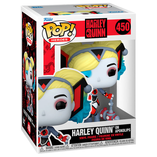 Vue détaillée de la figurine Funko POP Harley Quinn Apokolips avec son costume distinctif rouge et noir