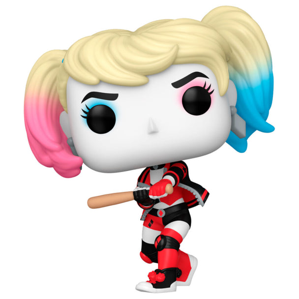 Figurine Funko POP Harley Quinn de 9 cm tenant un bat, vue de face avec détails colorés et boîte cadeau en arrière-plan