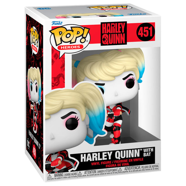 Vue latérale de la figurine Funko POP Harley Quinn avec bat, montrant les détails précis du vinyle et la boîte collector