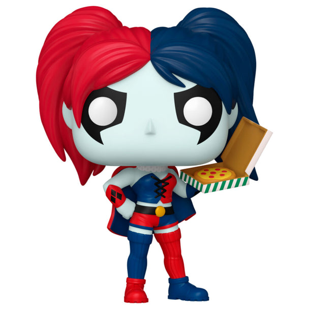 Figurine Funko POP de Harley Quinn tenant une pizza, version DC Comics, vue de face dans sa boîte cadeau