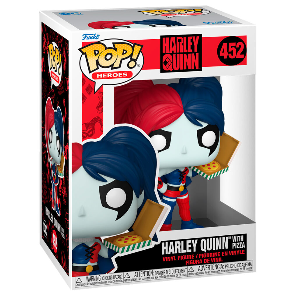 Détail de la figurine Funko POP Harley Quinn avec pizza, vinyle 9 cm, sous un angle latéral