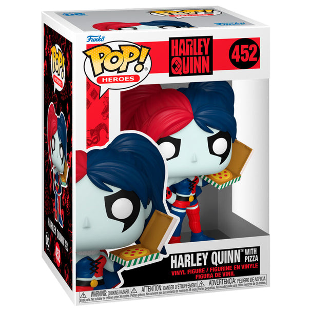 Détail de la figurine Funko POP Harley Quinn avec pizza, vinyle 9 cm, sous un angle latéral