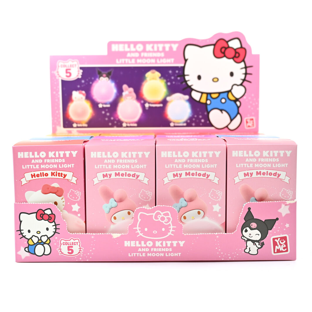 Ensemble des 5 figurines lumineuses Hello Kitty et ses amis alignées sur fond blanc