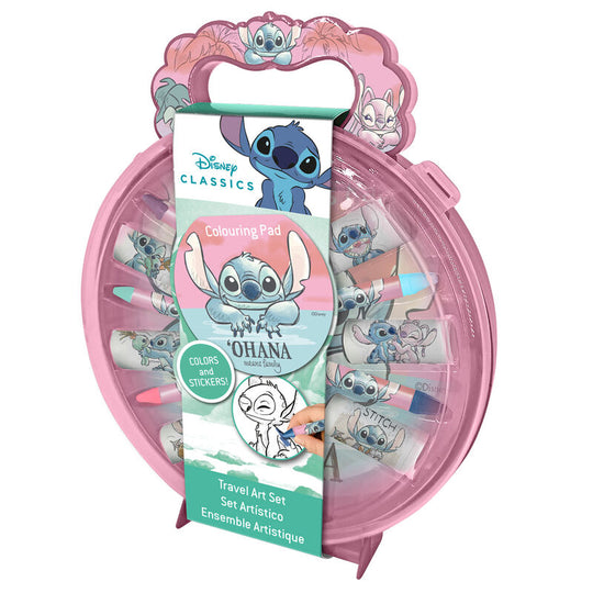 Set de papeterie de voyage Disney Stitch avec accessoires colorés pour enfants, présenté sur fond blanc.