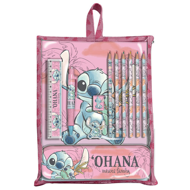 Set de papeterie Disney Stitch complet avec règle, stylo, gomme, crayons de couleur et trousse, présenté sur fond blanc.