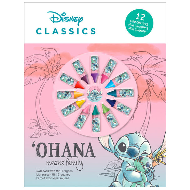 Cahier Disney Stitch avec couverture colorée et set de 12 crayons à côté, dimensions 21,5x28x1cm.