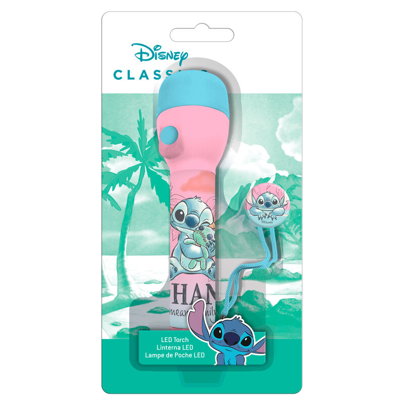 Lampe torche LED Disney Stitch de couleur bleue avec boutons de contrôle visibles, dimensions compactes 4x4x16 cm
