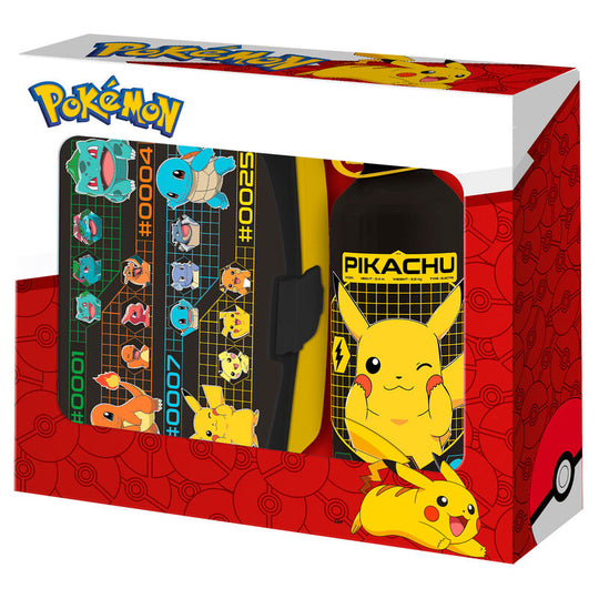 Set lunch box Pokémon avec bouteille aluminium 500ml, vue de face montrant le design coloré et les dimensions compactes.