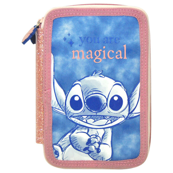 Vue de face de la trousse triple Disney Stitch avec design coloré et logo KIDS LICENSING