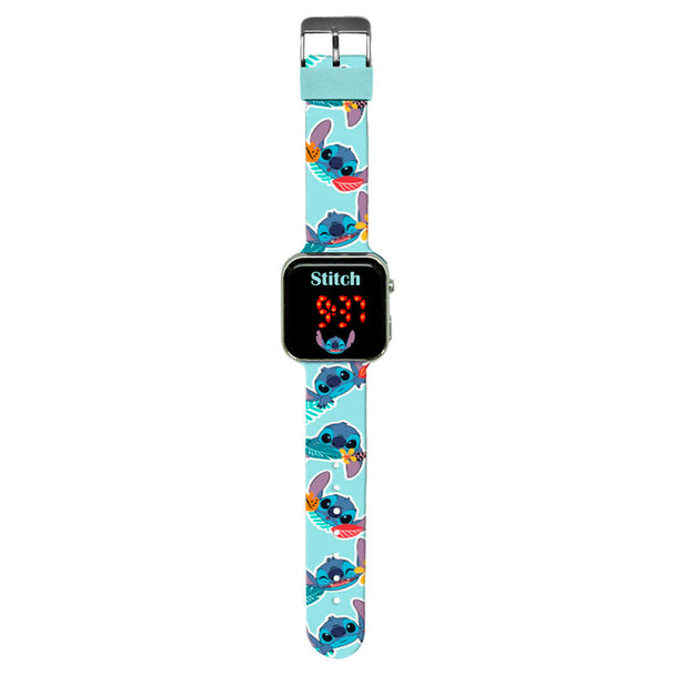 Montre Disney Stitch avec affichage LED lumineux posée sur fond blanc, vue de face